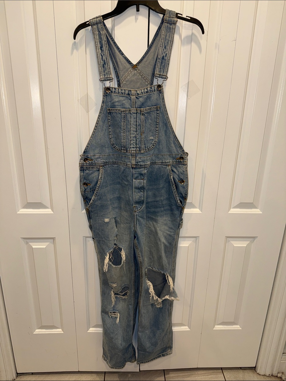 Classic Distressed Denim Overalls - Blue
